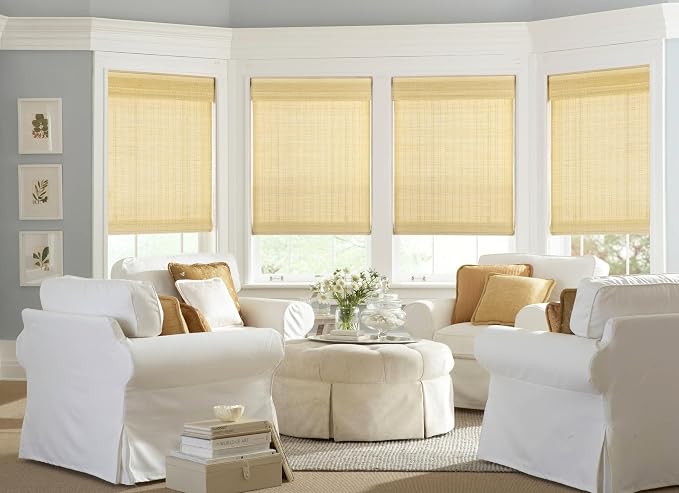 LazBlinds No Drill Bamboo Roman Shades, 33x64, Ceylon Natural | Light Filtering Window Treatment, No Tools Cordless Roll Up Bamboo Blinds for Window