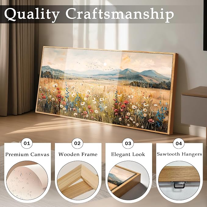 imjiayu Extra Large Wall Art, Landscape Wall Art, Rustic Wall Decor, Country Wildflowers Framed Art Prints, Neutral Oversized Paintings for Living Room Dining Room Farmhouse Home Decoration 29"x57"