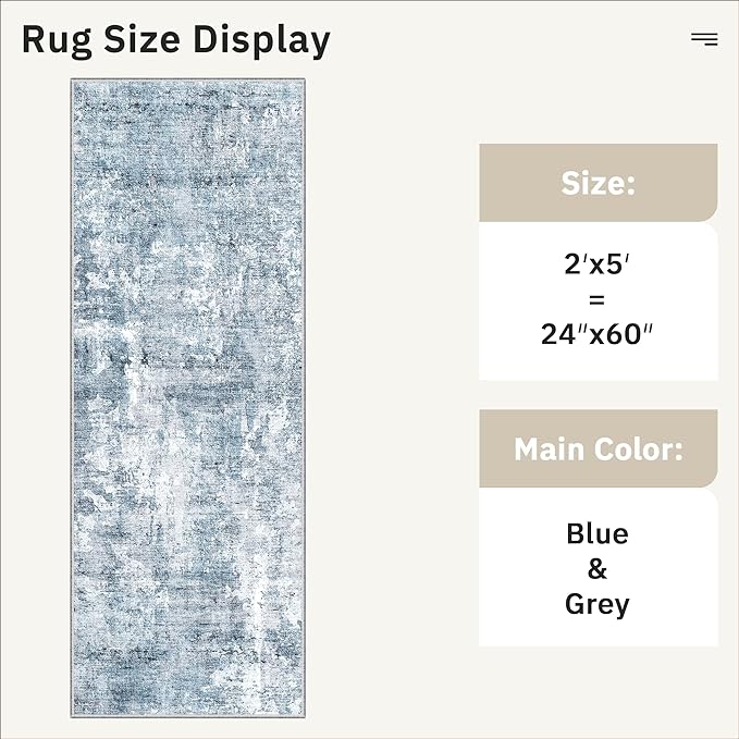 Soalmost Runner Rug 2x5 Washable Non-Slip Kitchen Runner Rugs for Bathroom Laundry Room Blue/Grey Vintage Floor Carpet Runners for Hallway Entryway