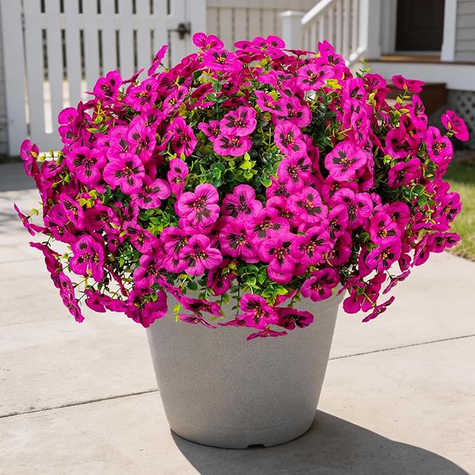 24 Pcs Artificial Fake Pansy Flowers for Outdoor,Faux Silk Plants Flowers UV Resistant Pansies Spring Flowers for Planter Front Door Porch Yard Patio Garden Window Box Home Decor(Fuchsia)