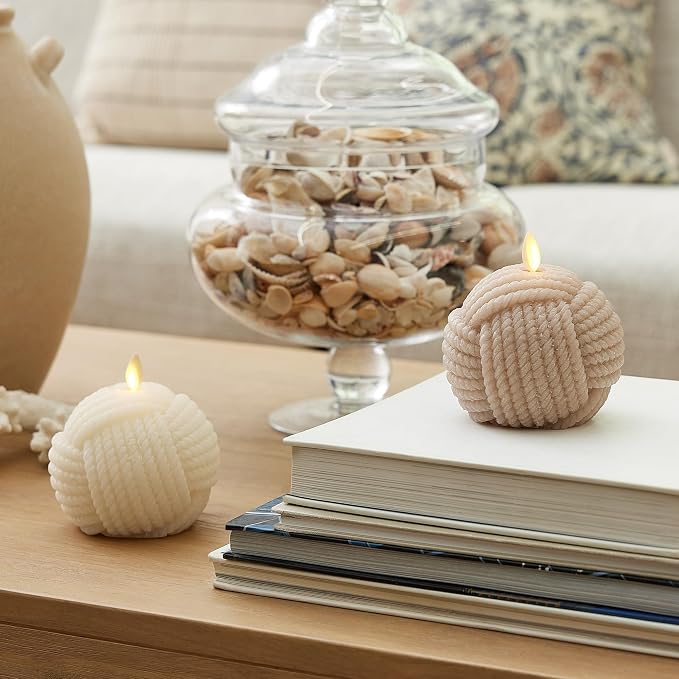 Luminara - Flameless Holiday Crystal Beads Glitter Sphere Candle - Timeless Taupe Rope Ball - Pack of 1-4x4.25 - Auto Timer Built-in 5-Hour Timer