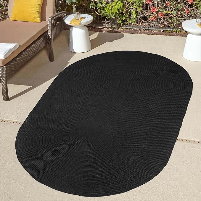 Superior Indoor/ Outdoor Oval Area Rug, Reversible Braided Home Floor Decor for Living Room, Kitchen, Entryway, Patio, Front Porch, Deck, Modern, Boho, Farmhouse Style, 8' x 10', Black