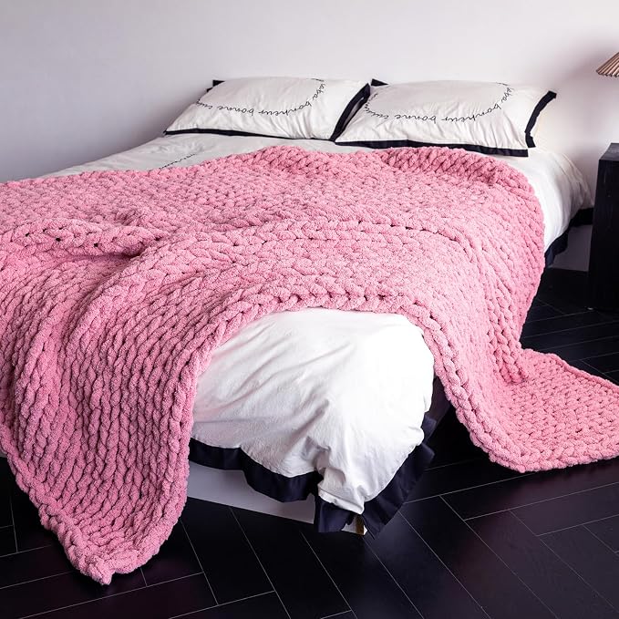 Chunky Knit Blanket - Luxury Soft Cozy 50 * 60 Throw Blanket,100% Woven Blanket Rope Knot Throw Blanket for Couch, Sofa, Home Decor, Gift - Machine Washable (Pink, 50 * 60)