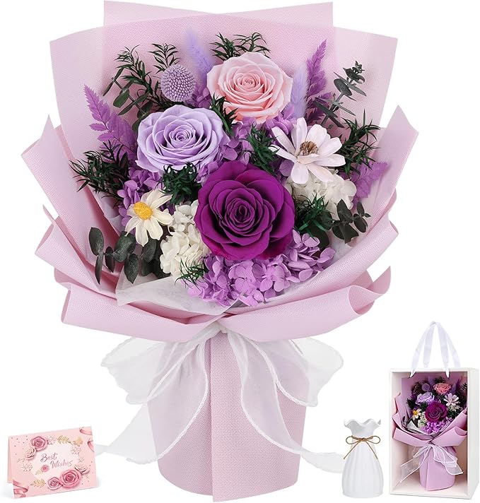 Flowers for Delivery Prime Preserved Flowers Bouquet with Vase That Last 3-5 Years Real Forever Flowers Purple Rose Bouquet for Mom Mother Women Wife Friends Birthday Mothers Day Gifts