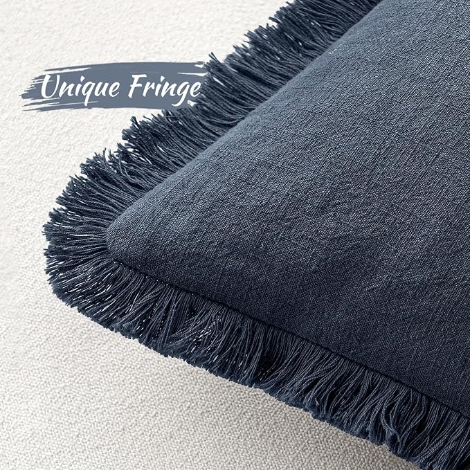 MIULEE Decorative Throw Pillow Covers Neutral Linen Fringe Throw Pillows Set of 2 Indigo Blue Boho Farmhouse Cushion Covers Coastal Decor for Couch Sofa Bed Living Room Spring Decor 20x20 Inch