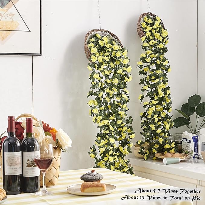 PONKING 8 Pcs x 8.2 ft Flower Garland Artificial Rose Vine Flowers with Green Leaves Hanging Fake Roses Vine for Room Party Home Wedding Birthday Christmas Wall Arch Decor, Spring Yellow Flower