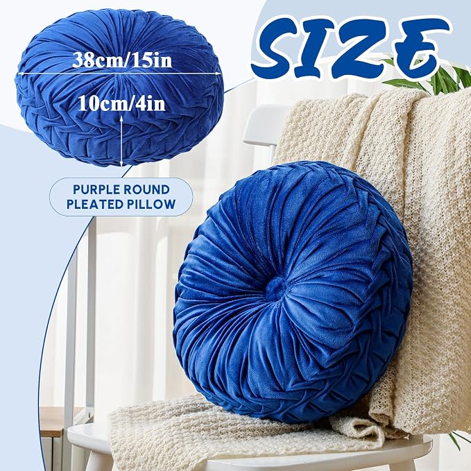 Drydiet 1 Pcs Round Throw Velvet Pillows Decorative Pleated Throw Pillows Diameter Accent Pumpkin Boho Chair Cushion for Couch Sofa Home Decoration (Royal Blue,15'')