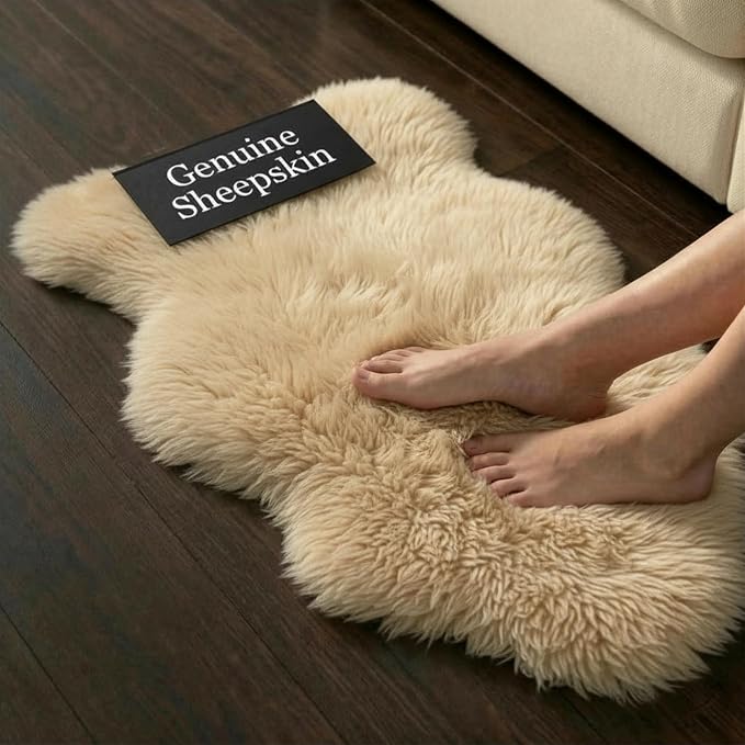 Genuine Sheepskin Rug 2x3 Ft – Soft & Fluffy Single Pelt Light Beige Lambskin – Area Rug or Chair Cover Throw – Made in Argentina