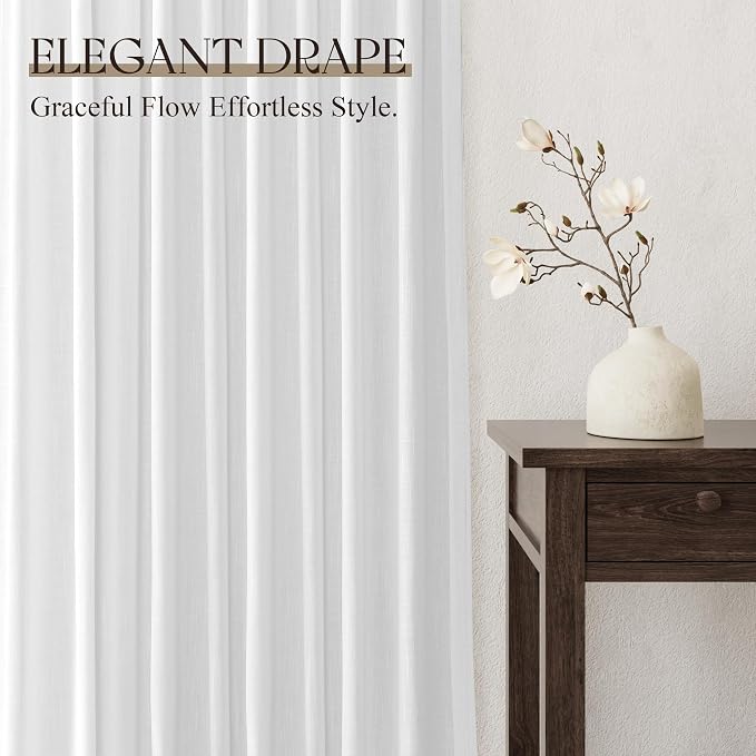 Jowels White Linen Curtains 100 Inch Long 2 Panels for Living Room | Light Filtering Semi Sheer Curtain, Back Tab Pocket Pleated Look, Boho Farmhouse Textured Privacy Drapes for Bedroom Window
