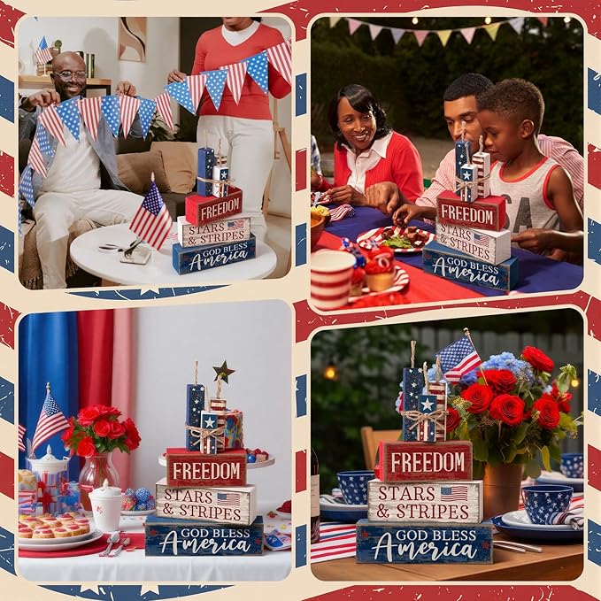 CroBlissful 4 Pcs 4th of July Decorations Patriotic Memorial Day Tabletop Decorations Red White Blue Table Centerpieces Sign for Office Tiered Tray Home Shelf 250th Anniversary(Freedom)