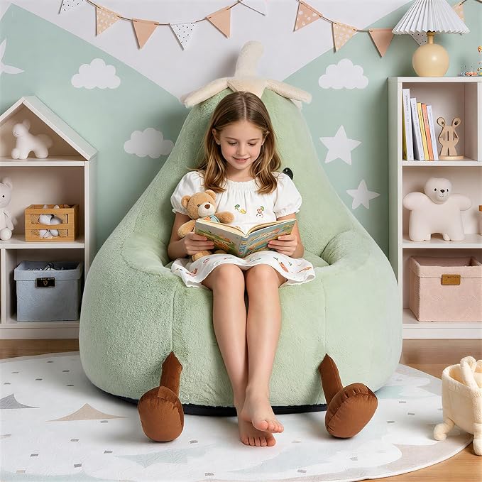 2FT Memory Foam Bean Bag Chair - Ultra Soft Faux Rabbit Fur Round Sofa with Handle & Machine Washable Cover, Comfy Lazy Chair for Kids Teens, Perfect for Reading Gaming in Living Room Bedroom，Green