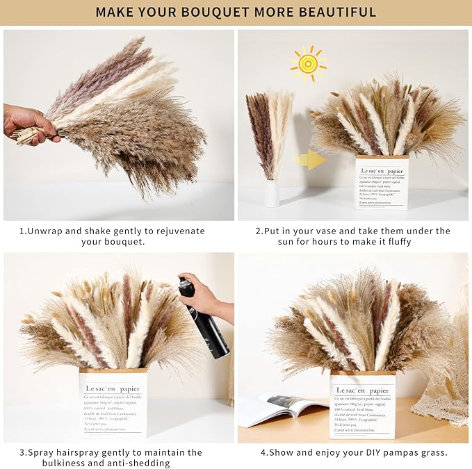 Wertuirk 135Pcs Dried Pampas Grass Decor, Boho Home Decor, Mini Bunny Tails Dried Flowers, Fluffy Pompous Grass Bouquet Bulk for Wedding, Table, Rustic Party, Baby Shower Decorations