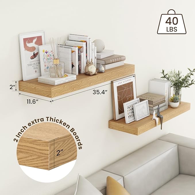 FLYJOE 36''x 12'' x 2'' Oak Floating Shelves Set of 2, 12 Inch Deep Oak Shelves for Wall, 36 Inches Long Rustic Farmhouse Style Shelves, Includes Metal Brackets & Hardware, 45Lbs Load Capacity