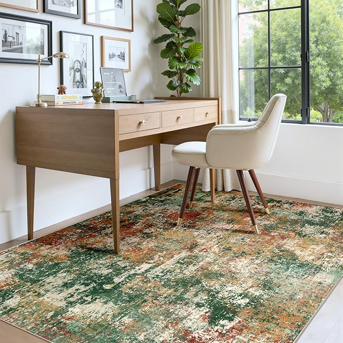 RELEANY Washable Area Rugs 4'x6' Non-Slip Modern Abstract Soft for Living Room Entryway Bedroom Nursery, Print Pattern, Green Orange Rust Red Cream Colorful