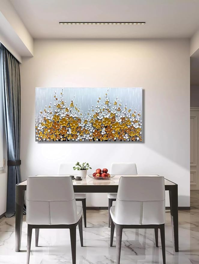 Yika Art Paintings - 24X48 Inch 3D Golden Silver Flower Tree Wall Art Abstract Textured Knife Platte Acrylic Painting on Canvas 3D Flowers Tree Paintings Ready to hang