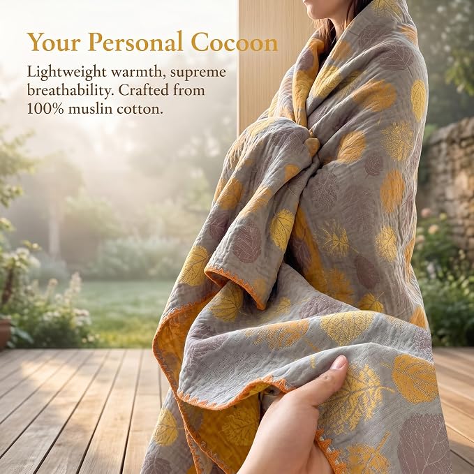 NIDITW Checkerboard Cotton Muslin Throw Blanket for Couch 6-Layer Checkered Gauze Blanket Soft Breathable All Season for Couch Bed Sofa (Yellow Leaves, Twin)