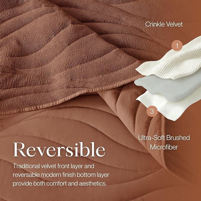 DOWN HOME Crinkle Textured Velvet Quilt Set with Shams, All-Season Luxury Modern Bedding,Easy Care Comforter,Ultra-Soft,Lightweight & Breathable, King, Rosewood Brown