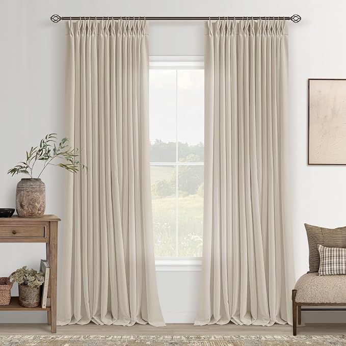 Linen Curtains 108 Inches long Pinch Pleated for Living Room 2 Panels Set Beige Tan Oatmeal Pleat Drapes Back Tab Semi Sheer Neutral Boho Ceiling to Floor 108 Inch Curtains for Bedroom Window 9 FT