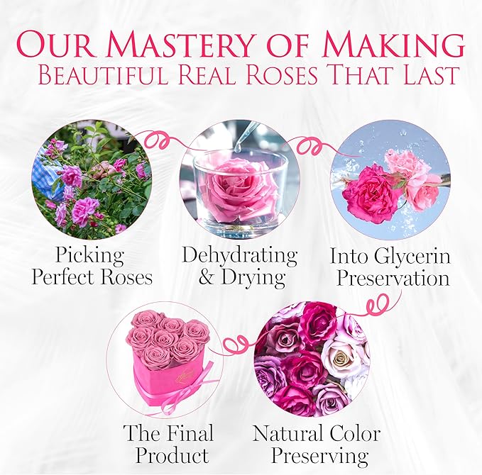 GLAMOUR BOUTIQUE 7 Flower Forever Heart Shape Box, Eternal Preserved Roses Gift for Her, Lasting Flowers, Petite Floral Heart Box for Birthday, Anniversary Valentine’s Day, Velvet Pink (Color-Treated)