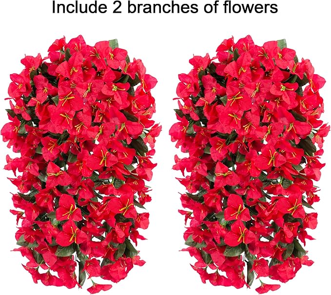 HyeFlora Bougainvillea Artificial Hanging Flowers Plants for Outdoors Decoration, 2pcs Red Fake Flowers Silk Bougainvillea Vines Realistic UV Resistant Faux Flowers for Outside Planters Porch Patio