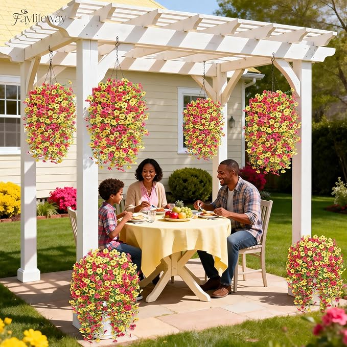 Artificial Hanging Flowers for Outdoors Spring Summer Decoration, 8PCS UV Resistant Silk Fake Hanging Plants for Patio Porch Front Yard Window Garden Indoor Decor(Hot Pink&Yellow,8PCS)