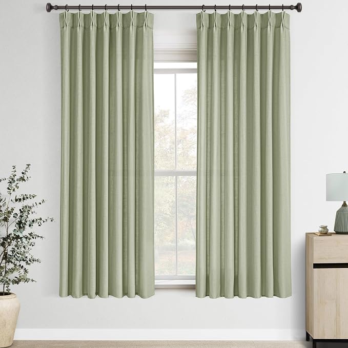 Sage Green Pinch Pleated Linen Curtains 63 Inch Length 2 Panels for Living Room Bedroom Textured Semi Sheer Drapes Pinch Pleat Rings Window Curtain 40x63