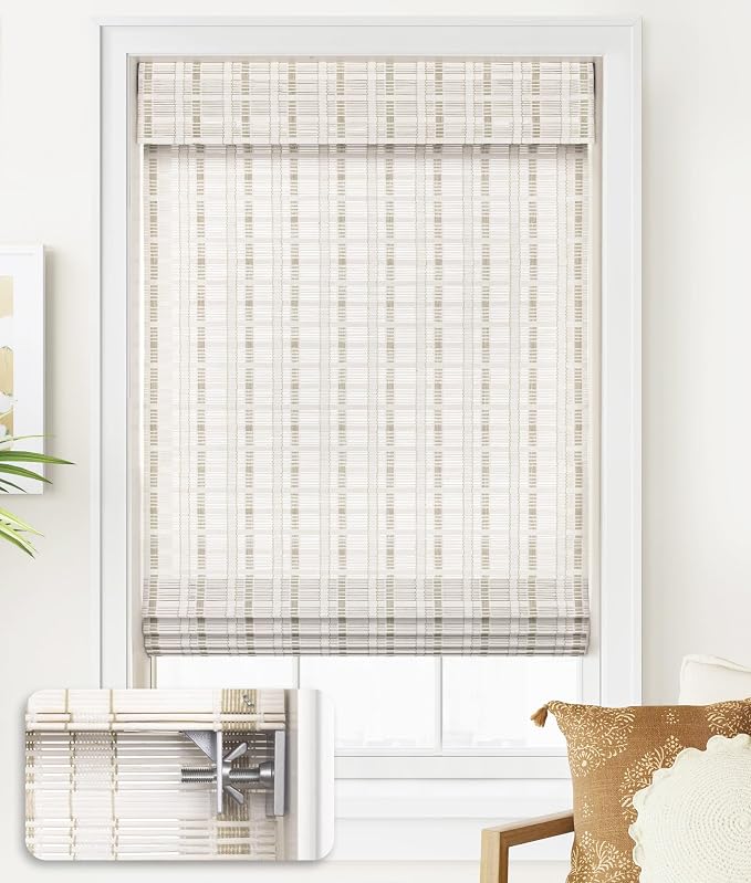 LazBlinds No Drill Bamboo Roman Shades, 38x64, Whitewash B | Light Filtering Window Treatment, No Tools Cordless Roll Up Bamboo Blinds for Window