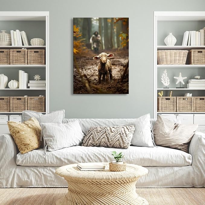 Large wall art for living room Jesus Running After Lost Lamb Picture for home decor Jesus wall decor for prayer room Baptism gifts for boys-girl serenity prayer Religious canvas wall prints .(24"X36") A-397