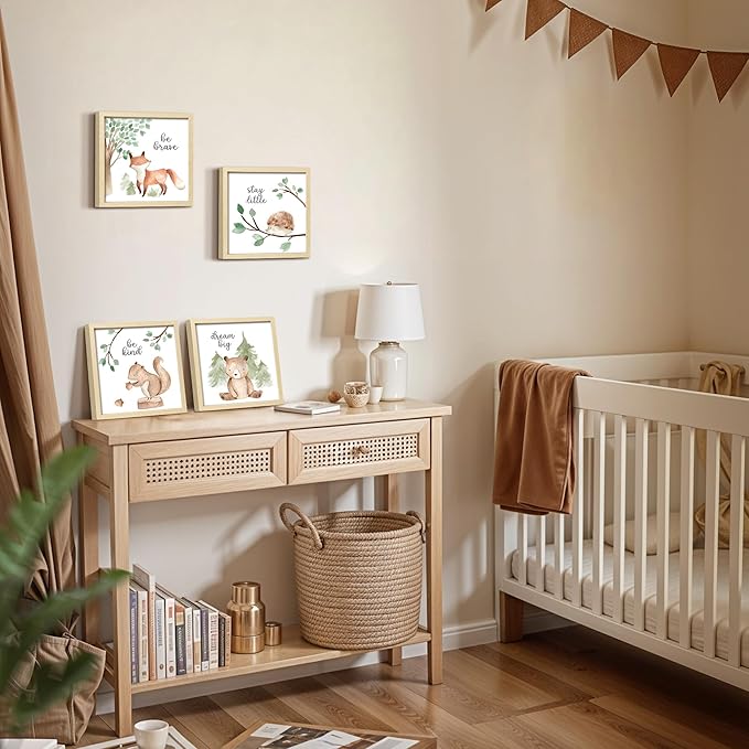 ArtbyHannah Framed Woodland Nursery Wall Decor, 4 Pack Gallery Wall Frame Set Forest Animal Safari Wall Art Prints for Baby Kids Playroom Room Decoration, Cute Artwork Frame 10x10 Inch