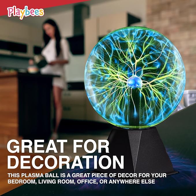 Playbees Green Plasma Ball - 7 Inch - Tesla Coil Bulb Static Electricity in a Vacuum Pressurized Glass Globe, Nebula Thunder Lightning, Plug-in - for Parties, Decorations, Prop, STEM