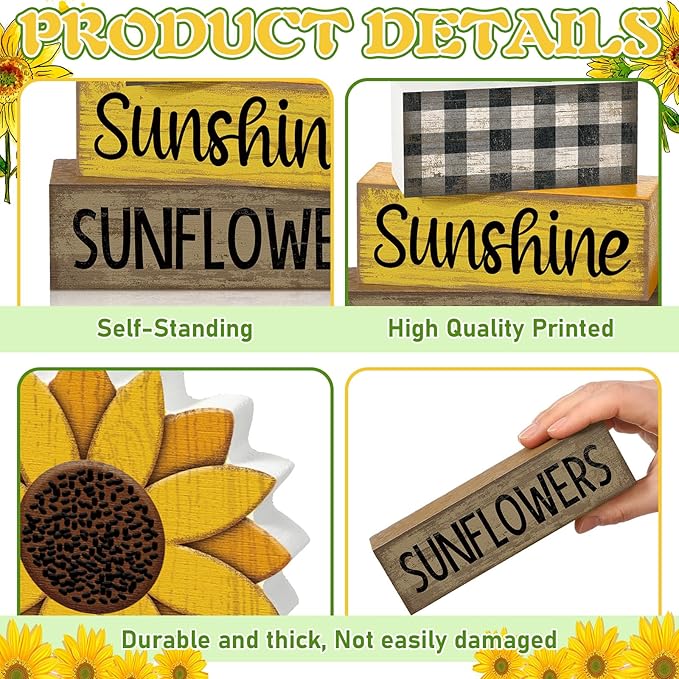 Yuntau 4 Pcs Sunflower Decorations Sunflower Wooden Sign Sunshine Table Centerpiece Summer Tiered Tray Decor Decorative Faux Book Stack Block for Coffee Table Fireplace Mantel Floating Shelf