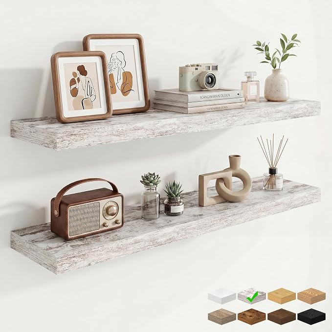 40in Floating Shelves for Wall, 40"W x 9.25"D x 1.25"H, 2 Pack Long Wall Mounted Engineered Wood Shelves with Invisible Brackets for Living Room, Bedroom, Bathroom, Kitchen, Vintage White