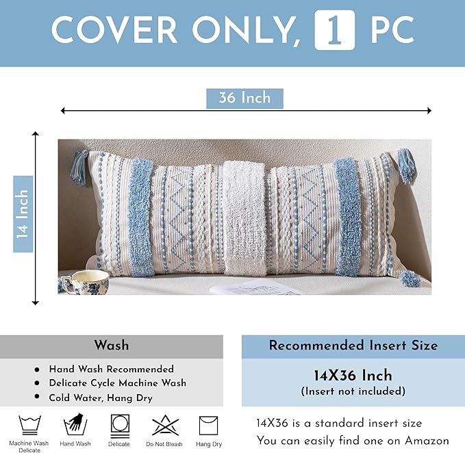 BlissBlush 14x36 Lumbar Pillow Cover for Bed, Rectangular Long Decorative Throw Pillowcase, Boho Accent Cushion with Blue Tufted Pattern and Tassels, Cream Neutral (Cover Only)