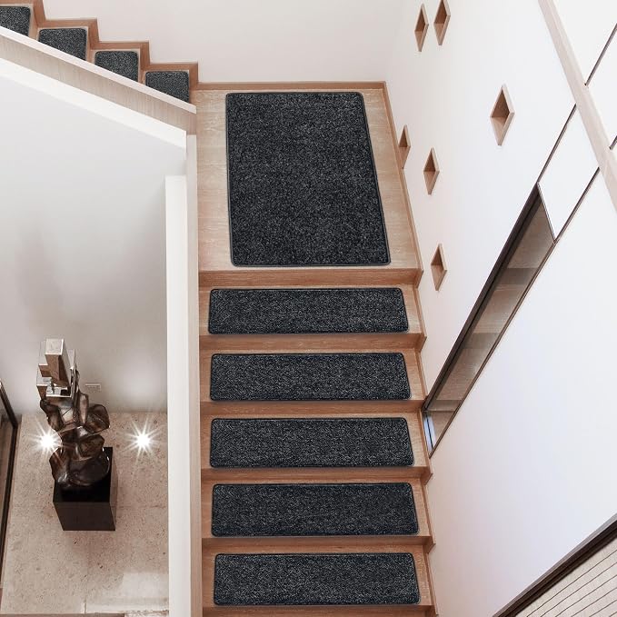 PURE ERA Carpet Stair Treads Tape Free Non Slip Indoor Stair Carpet Stair Protectors Pet-Friendly Non-Slip Skid Resistant Washable Reusable 8" x 30"(7 Pieces,Black)