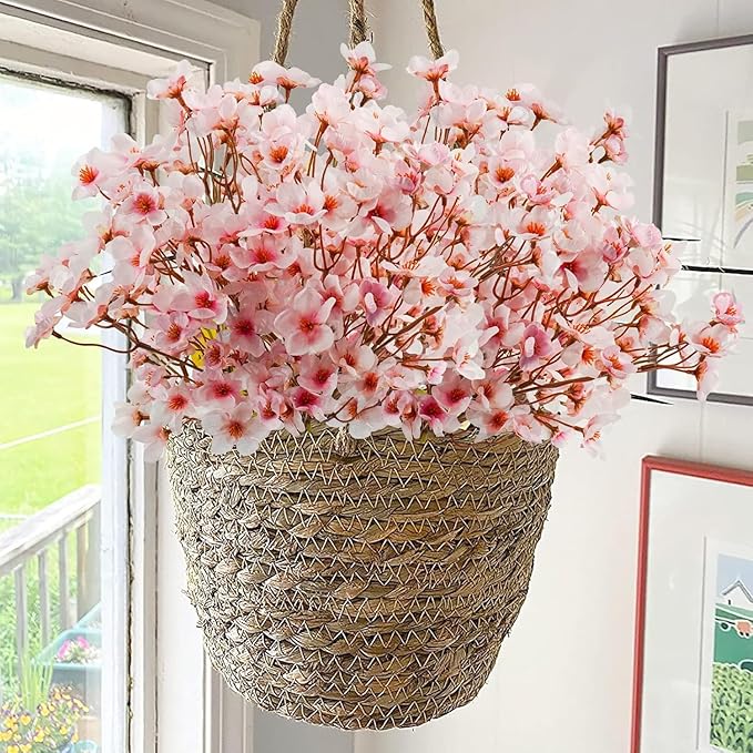 Uieke 24Pcs Artificial Cherry Blossom Flowers, Silk Peach Flowers Faux Cherry Blossom Stems Vase Arrangements for DIY Home Wedding Party Table Decor, Pink