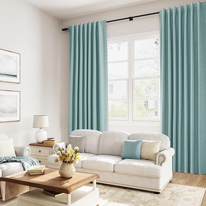 Guken 100% Blackout Linen Curtains 90 Inch Length 2 Panels Set for Living Room Bedroom Back Tab Thermal Insulated Black Out Linen Drapes Room Darkening Window Curtains,Light Blue