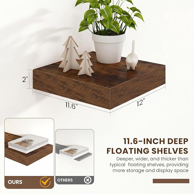 FLYJOE 12 Inch Floating Shelves, Brown Square Floating Shelves Set of 2, 12''W x 12''D Wood Shelves for Wall, Deep Shelves for Bathroom Living Room, Engineered Wood, Mounting Hardware Included