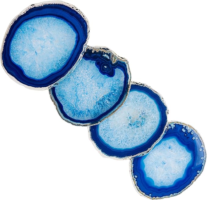 Nature's Decorations Blue Silver Rimmed Agate Stone Coasters - Set of 4, Polished Geode Drink Mats for Dining & Coffee Table & Kitchen Geode Decor Non-Toxic 3.5-4” Diameter