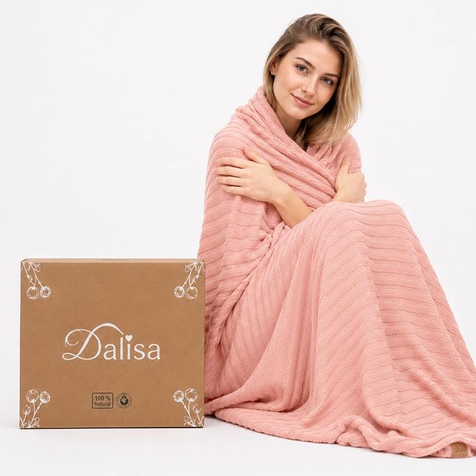 Dalisa 100% Organic Cotton Knit Blanket Denise, Soft and Lightweight, Breathable All-Season Throw for Sofa, or Lounge Area -GOTS Certified-Perfect for Home and Bedroom Styling (Light Rose, 50x60)