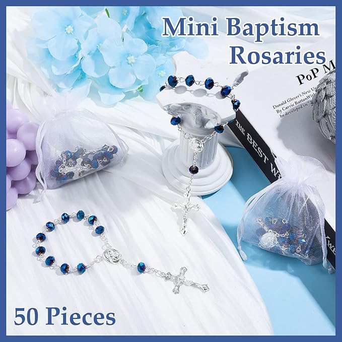 Sureio 50 Sets Baptism Favors Rosary Set Including Mini Rosary Beads Baptism Favors Organza Bags for Baby Shower Wedding Supplies Gifts for Christening Weddings First Communion Easter Gift