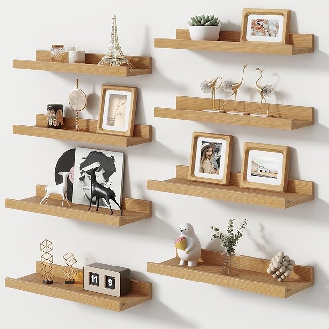 FLYJOE Picture Ledge Shelf, Small Floating Shelves Set of 8, 16 Inches Nursery Book Shelves for Toys Storage, Kids Bookshelf Wall Mounted for Living Room Bedroom Decor Books Photo Frames, Natural Oak