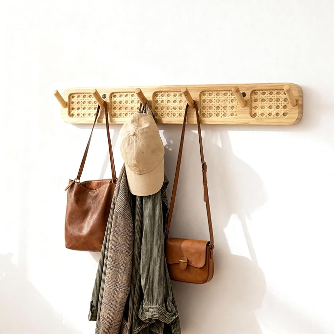 Coat Rack Wall Mount, Rattan Coat Hooks Hanger Wall Mounted | 6 Heavy Duty Bamboo Hooks Rack Rail for entryway Hanging Clothes Hats Bags Jackets Towels Plants,Natural