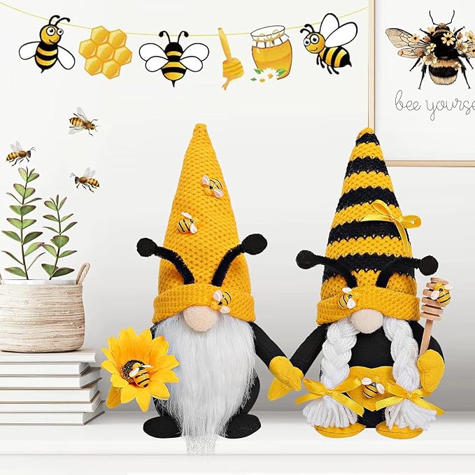 CRCZK Bumble Bee Gnome Plush - Mr and Mrs Honeybee Spring Gnomes Plush Ornaments Tomte Elf World Bee Day Decor, Summer Bee Figurines Table Shelf Tiered Tray Decorations, Gifts for Women