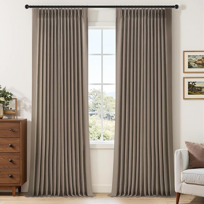 108 Inch Long Curtains Pinch Pleated Curtains for Living Room 2 Panels Extra Long Rustic Dark Thick Linen Textured Light Filtering Semi Sheer Pinch Pleat Window Curtain Drapes for Bedroom Dining Room