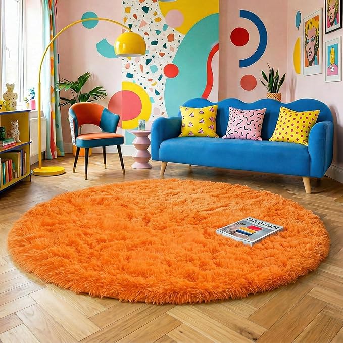 Amdrebio Orange Circle Round Rug 6Ft for Living Room Bedroom, Fluffy Furry Shag Area Rugs for Kids Room Decor Aesthetic, Cute Fuzzy Plush Shaggy Carpet for Baby Nursery Dorm Playroom, Teen Girls Boys