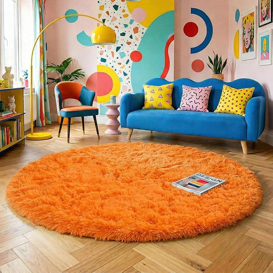 Amdrebio Orange Circle Round Rug 6Ft for Living Room Bedroom, Fluffy Furry Shag Area Rugs for Kids Room Decor Aesthetic, Cute Fuzzy Plush Shaggy Carpet for Baby Nursery Dorm Playroom, Teen Girls Boys