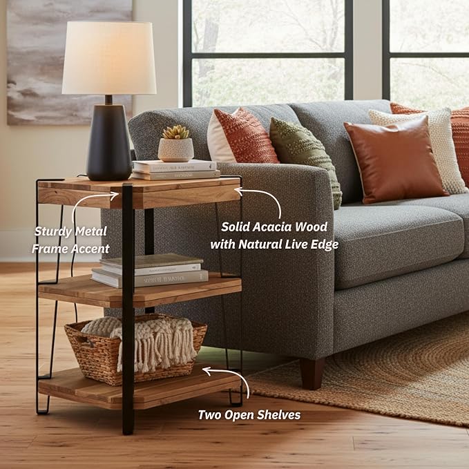 Ryegate Live Edge Modern End Tables Set of 2-3-Tier Acacia Wood Nightstands with Storage Shelves and Metal Legs - 17" Narrow Side Table Set for Living Room or Bedroom by Alaterre Furniture (Natural)