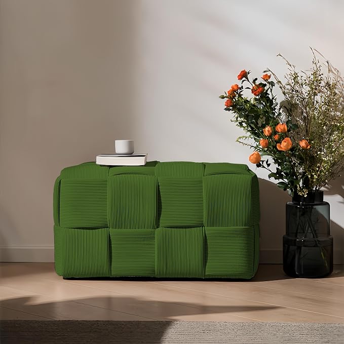 Cmishe 28" Rectangular Woven Corduroy Ottoman Footrest - Large Modern Entryway Bench & Bed End Stool, Sturdy Wood Frame, No Assembly (Green-L)