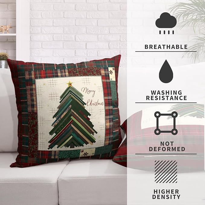 Christmas Pillow Covers 22x22 Set of 2 Red Green Checkered Plaid Xmas Tree Throw Pillow Covers Winter Pillowcase Cotton Linen Cushion Case for Holiday Decor Couch Sofa