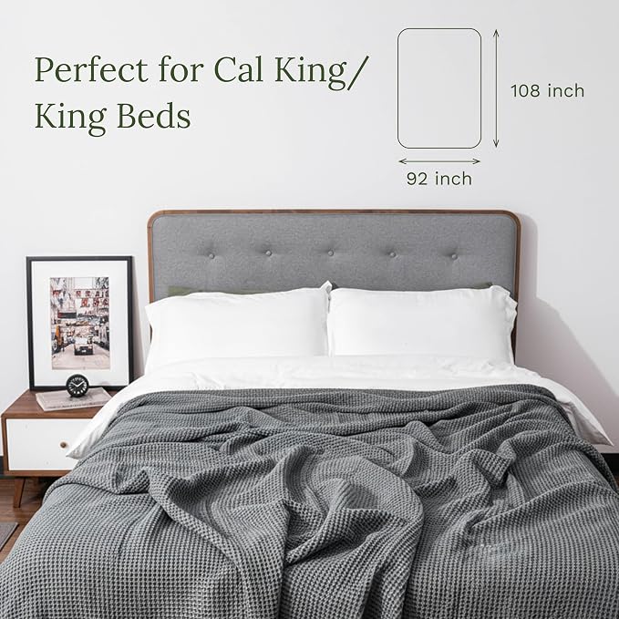 King Size Waffle Blanket - 100% Organic Cotton, GOTS Certified, Premium, Lightweight, Breathable & All Natural Organic Cotton King Size Blanket - 108”x92” (Gray - King)